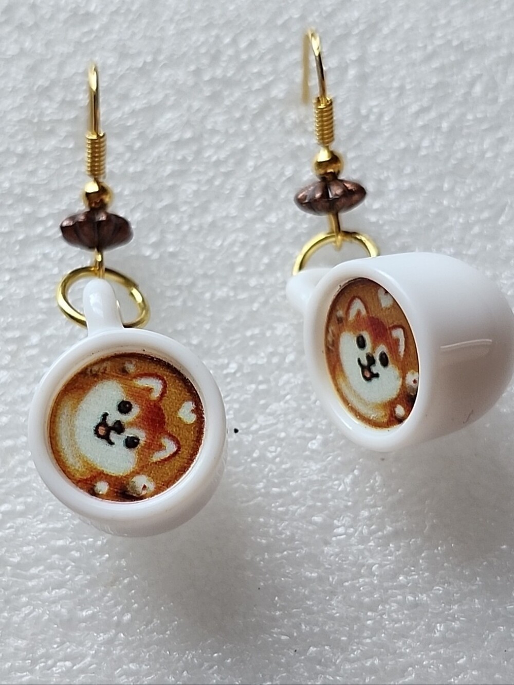 Hand Crafted White Cup Earrings with Brown Dog Face Accent